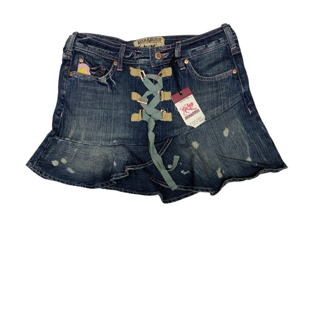 NWT Vintage Parasuco Distressed Denim Skirt With Lace-Up Closure